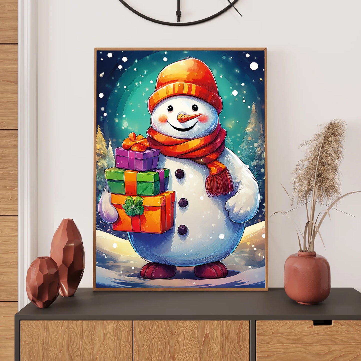Snowman Christmas Card – jolly snowman surrounded by Christmas presents in snowy winter scene
