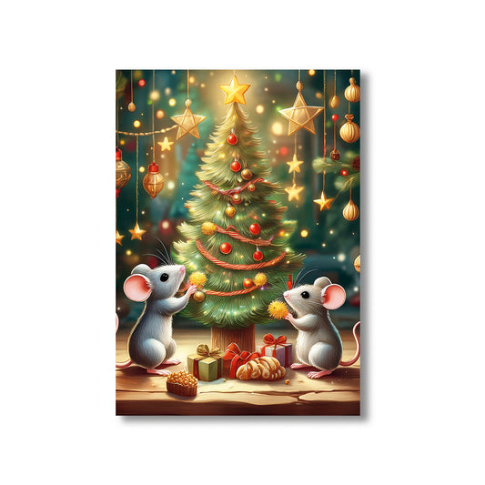 Mice Decorating Christmas Tree Card – cute mice hanging ornaments on snowy Christmas tree in festive holiday scene