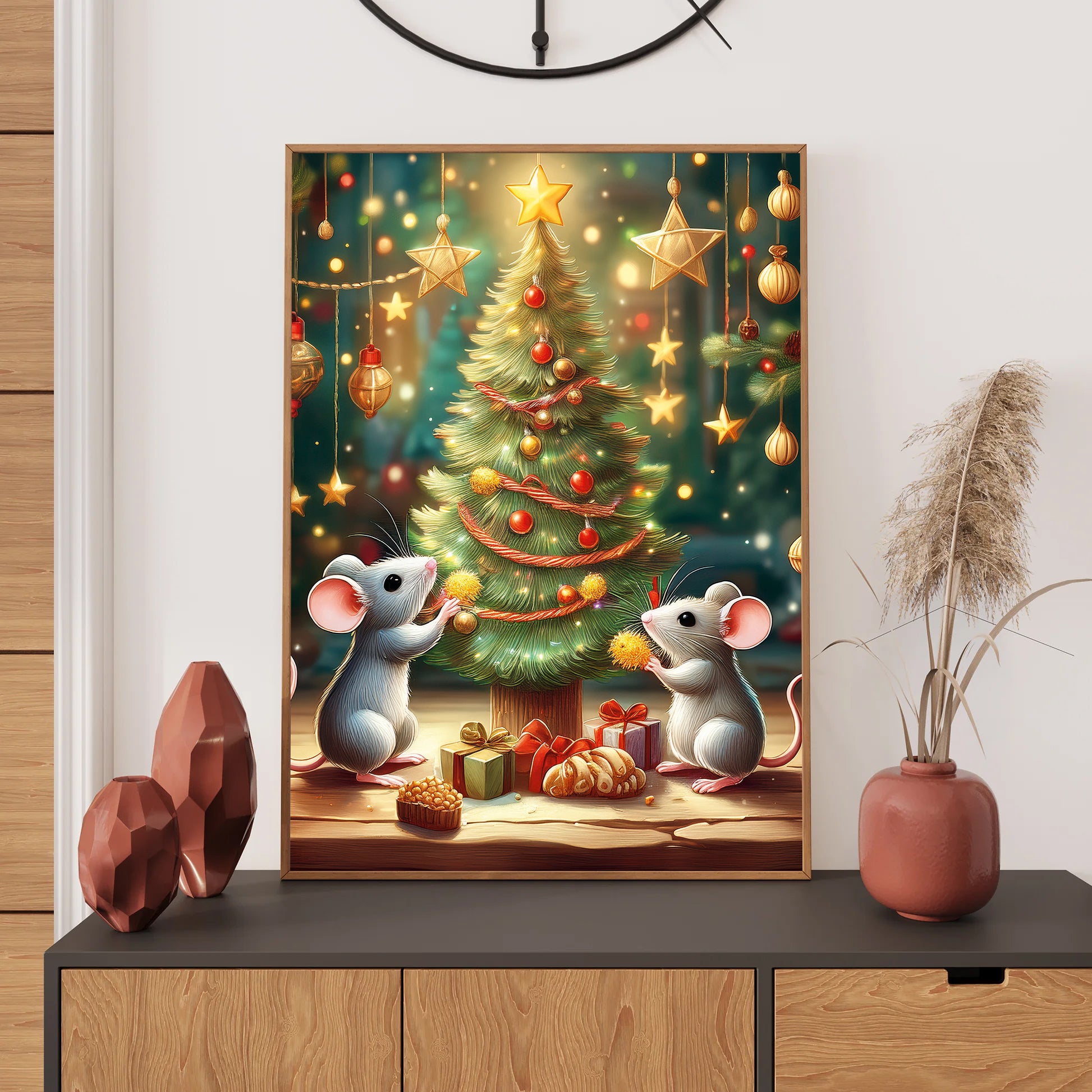 Mice Decorating Christmas Tree Card – cute mice hanging ornaments on snowy Christmas tree in festive holiday scene