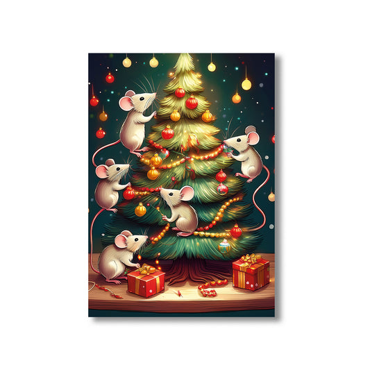 Mice Decorating Christmas Tree Card – cute mice hanging ornaments on snowy Christmas tree in festive holiday scene