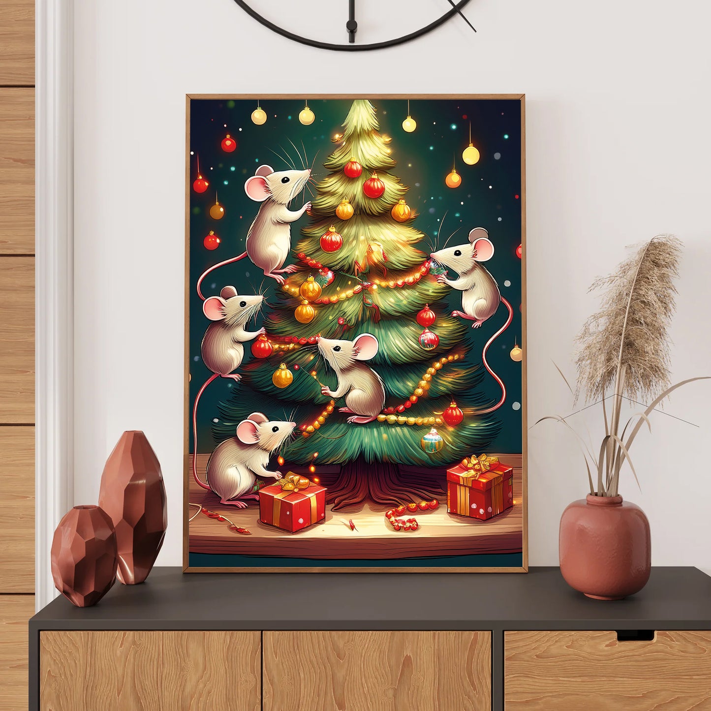 Mice Decorating Christmas Tree Card – cute mice hanging ornaments on snowy Christmas tree in festive holiday scene