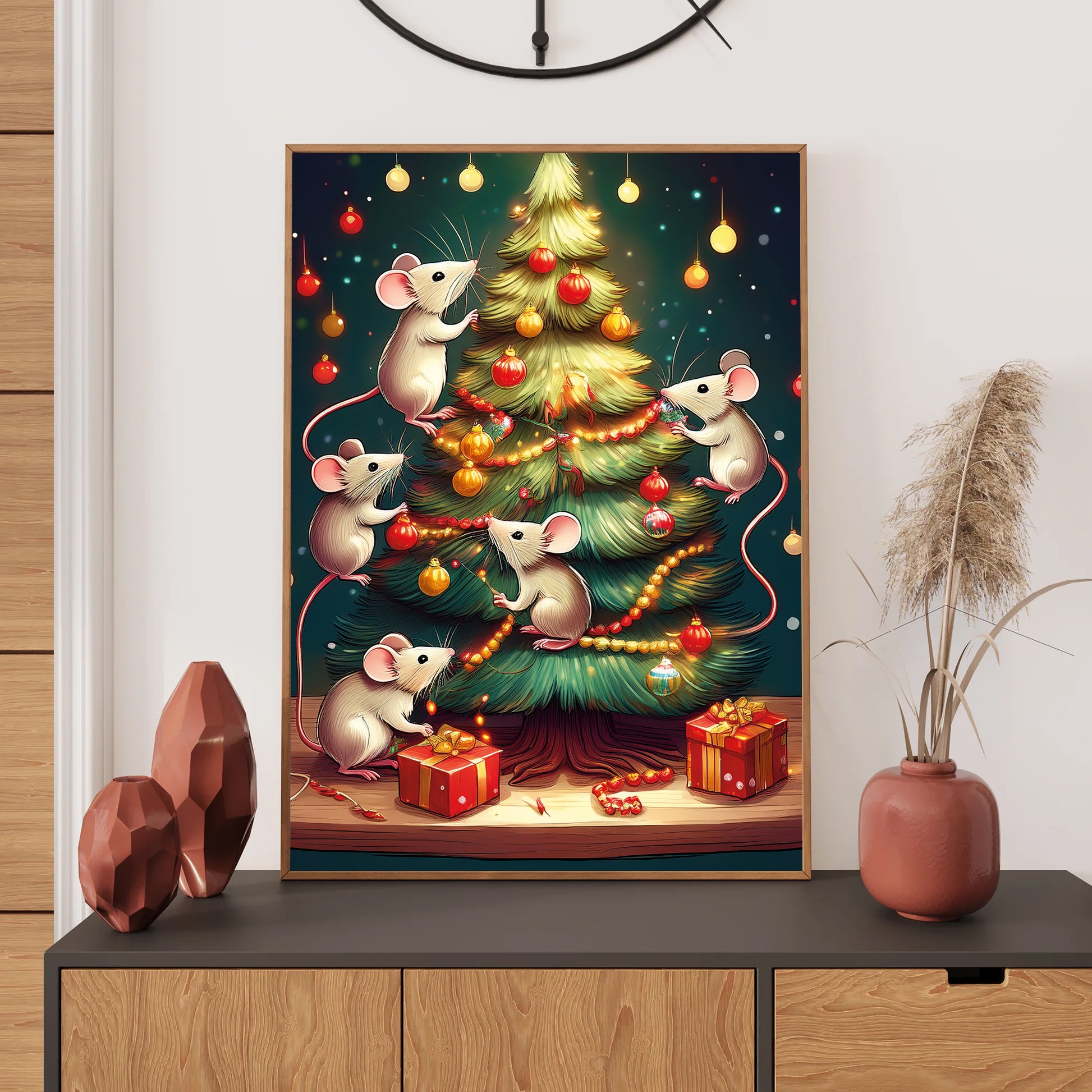 Mice Decorating Christmas Tree Card – cute mice hanging ornaments on snowy Christmas tree in festive holiday scene