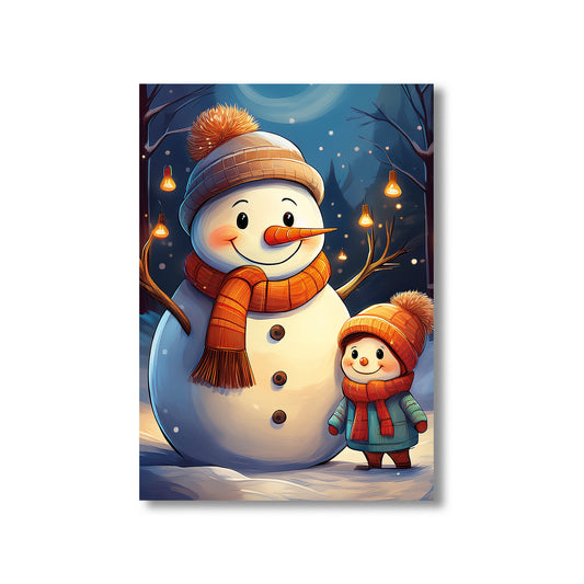 Snowman and Family Christmas Card – joyful family building a snowman in snowy winter scene