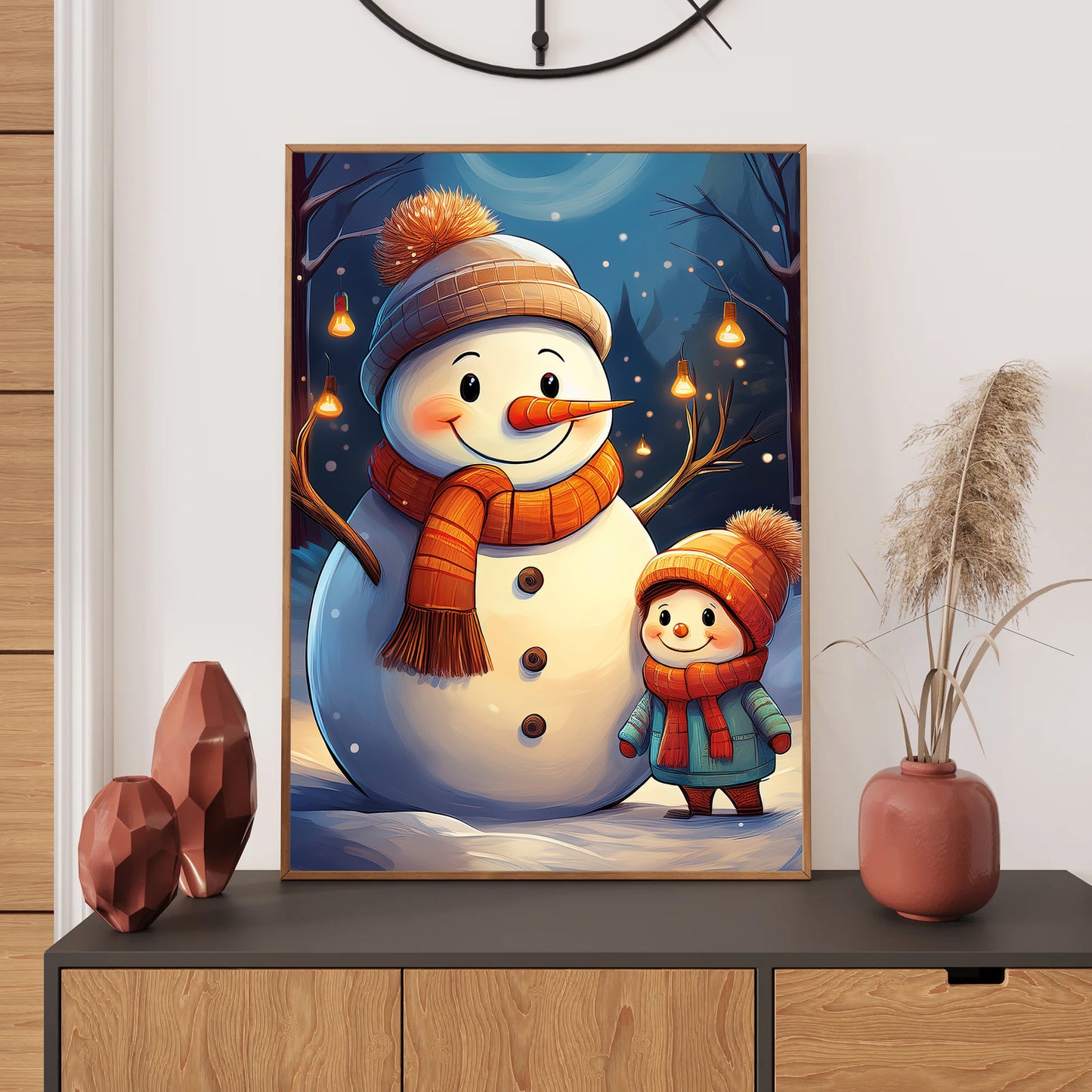 Snowman and Family Christmas Card – joyful family building a snowman in snowy winter scene
