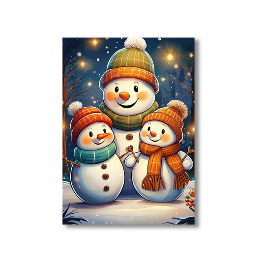 Snowman and Family Christmas Card – joyful family building a snowman in snowy winter scene