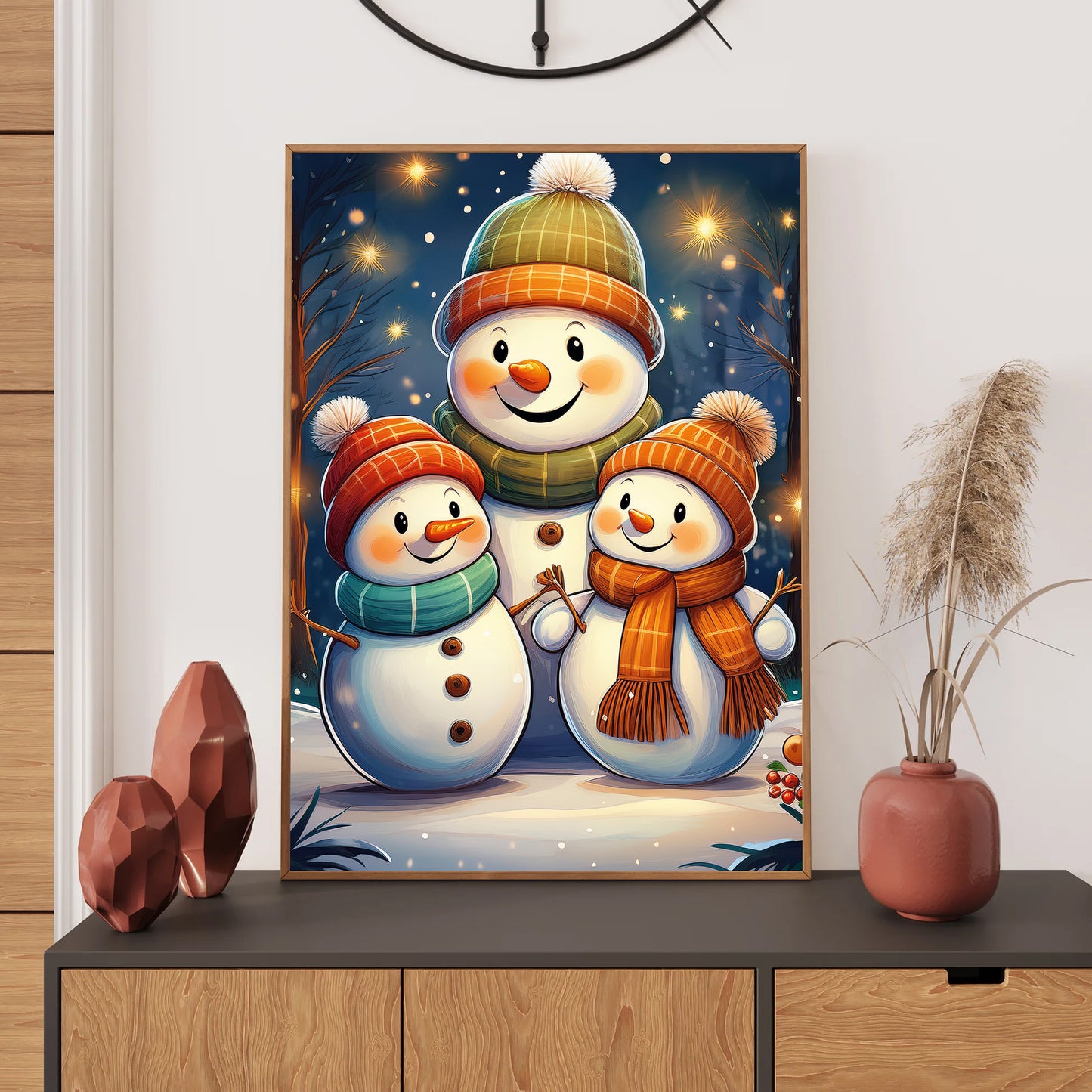Snowman and Family Christmas Card – joyful family building a snowman in snowy winter scene