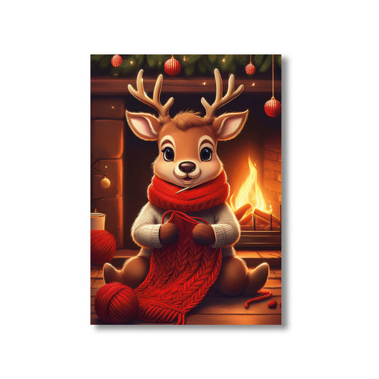 Reindeer Knitting Christmas Card – cute reindeer knitting in front of roaring fireplace in cozy holiday scene