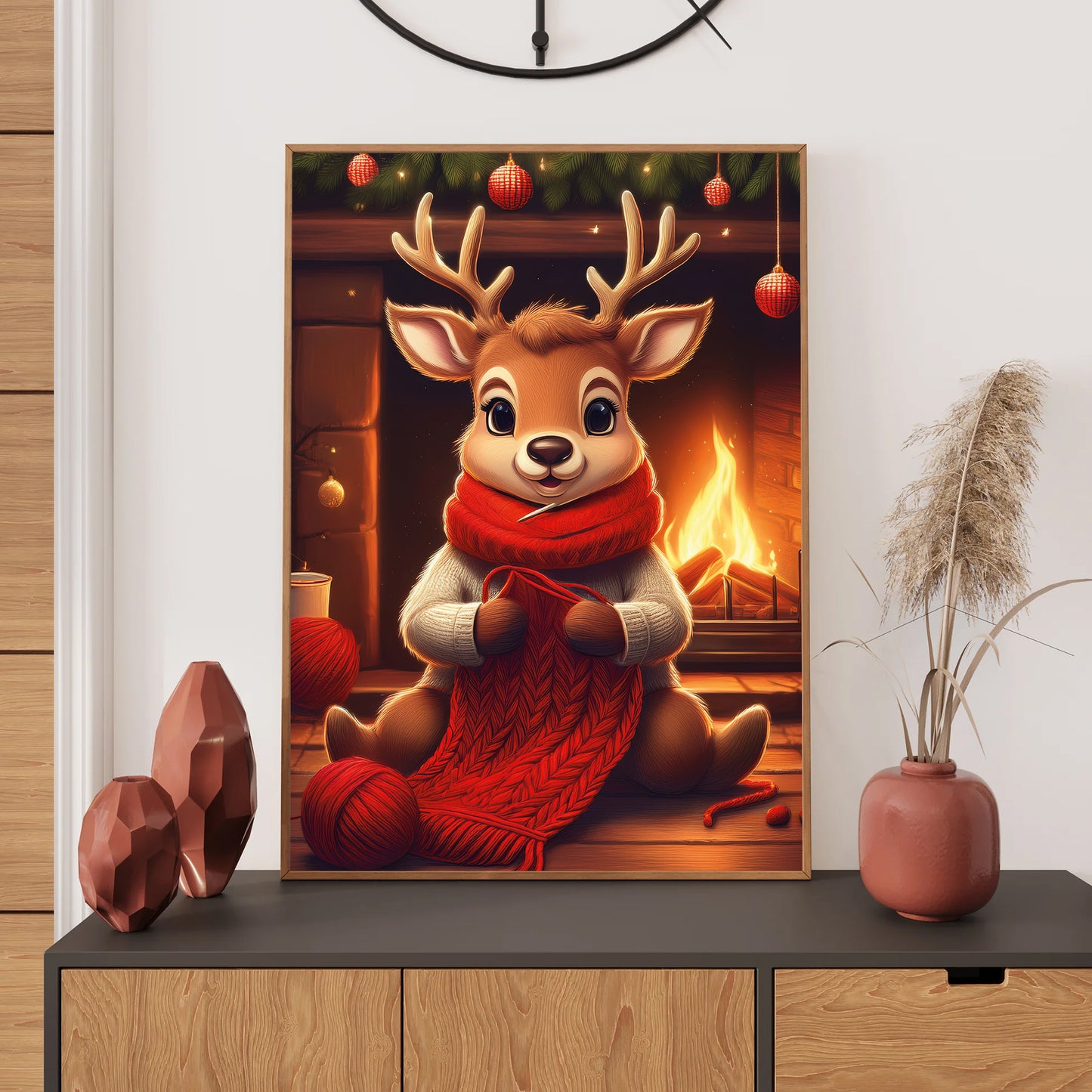 Reindeer Knitting Christmas Card – cute reindeer knitting in front of roaring fireplace in cozy holiday scene