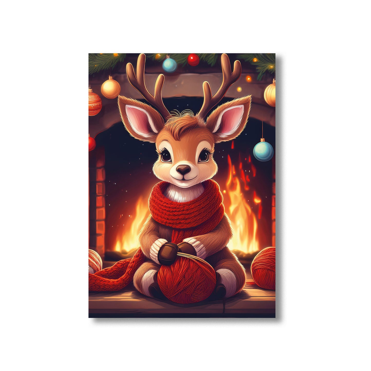 Reindeer Knitting Christmas Card – cute reindeer knitting in front of roaring fireplace in cozy holiday scene
