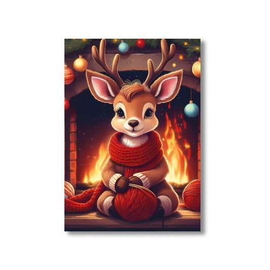 Reindeer Knitting Christmas Card – cute reindeer knitting in front of roaring fireplace in cozy holiday scene