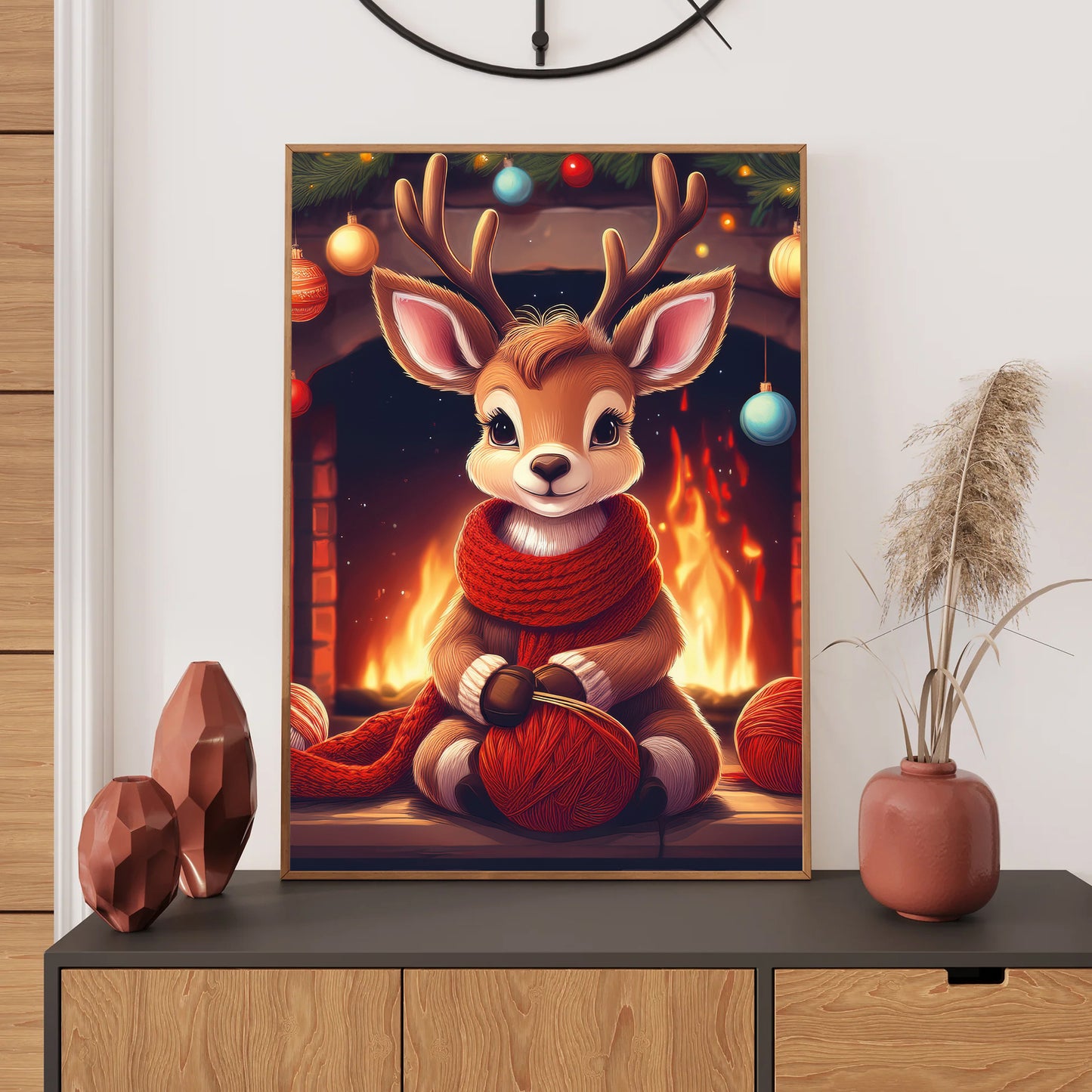 Reindeer Knitting Christmas Card – cute reindeer knitting in front of roaring fireplace in cozy holiday scene