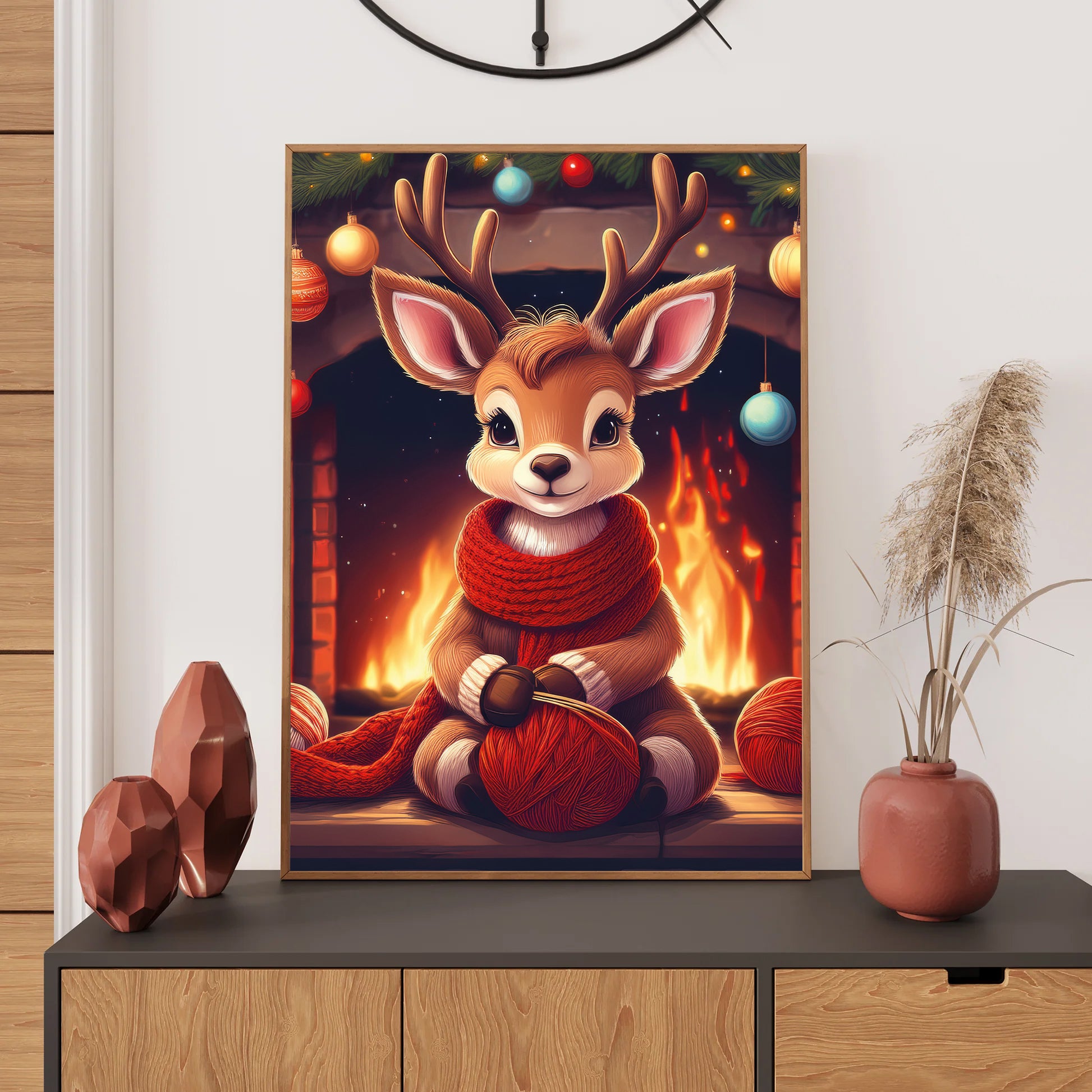 Reindeer Knitting Christmas Card – cute reindeer knitting in front of roaring fireplace in cozy holiday scene