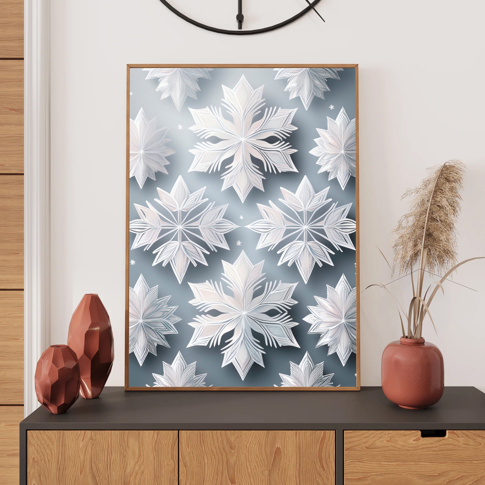 Abstract Snowflakes Christmas Card – bold geometric snowflake design in modern winter style