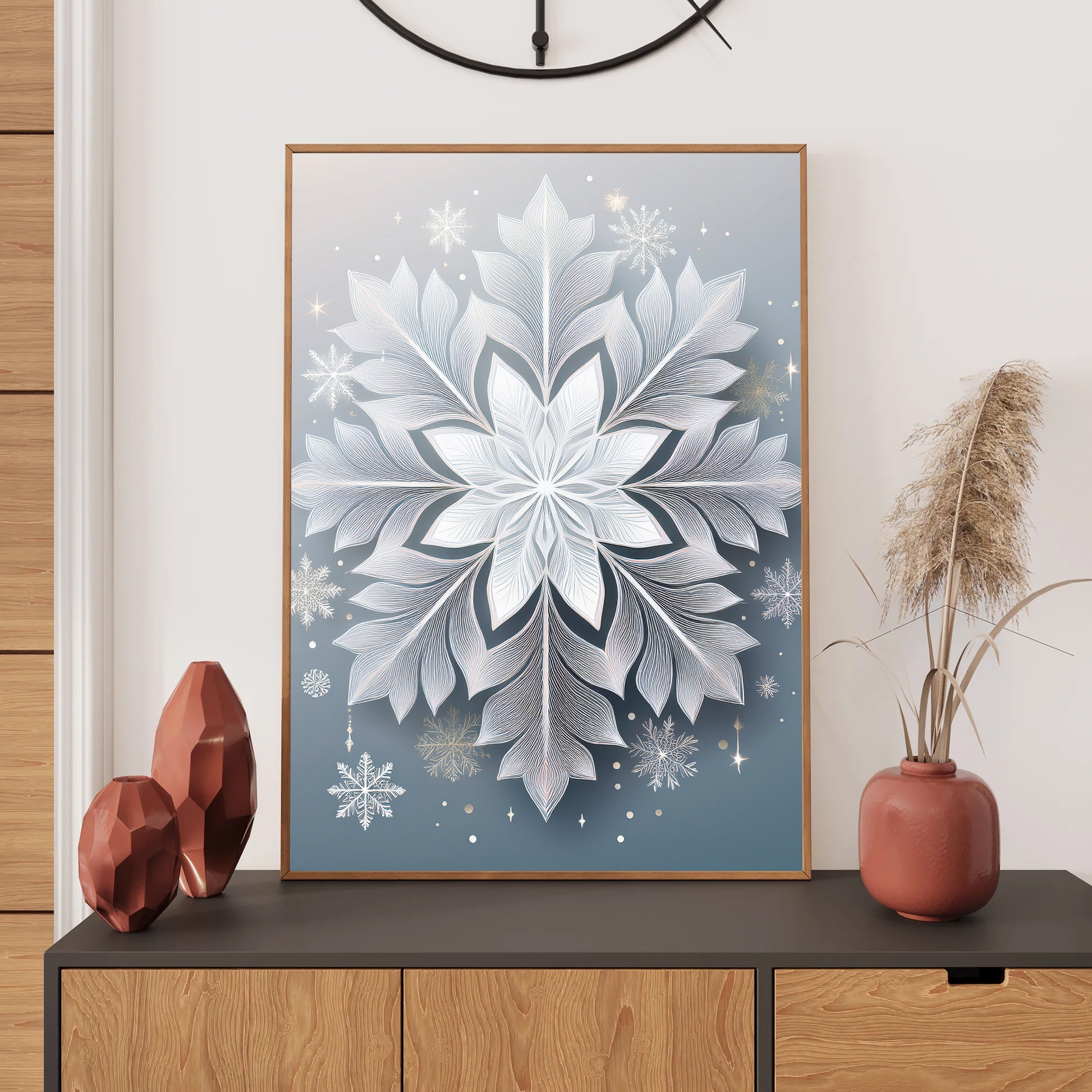Abstract Snowflakes Christmas Card – bold geometric snowflake design in modern winter style
