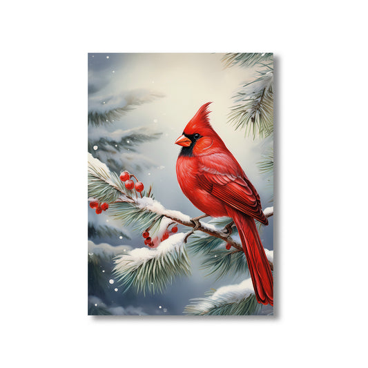 Cardinal Christmas Card – bright red cardinals perched on snowy evergreen branches in winter scene