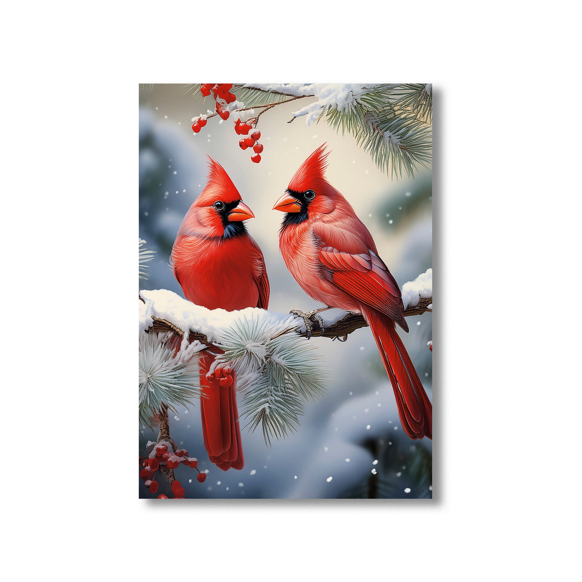 Cardinal Christmas Card – bright red cardinals perched on snowy evergreen branches in winter scene