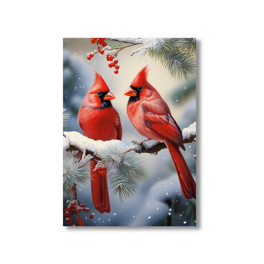 Cardinal Christmas Card – bright red cardinals perched on snowy evergreen branches in winter scene