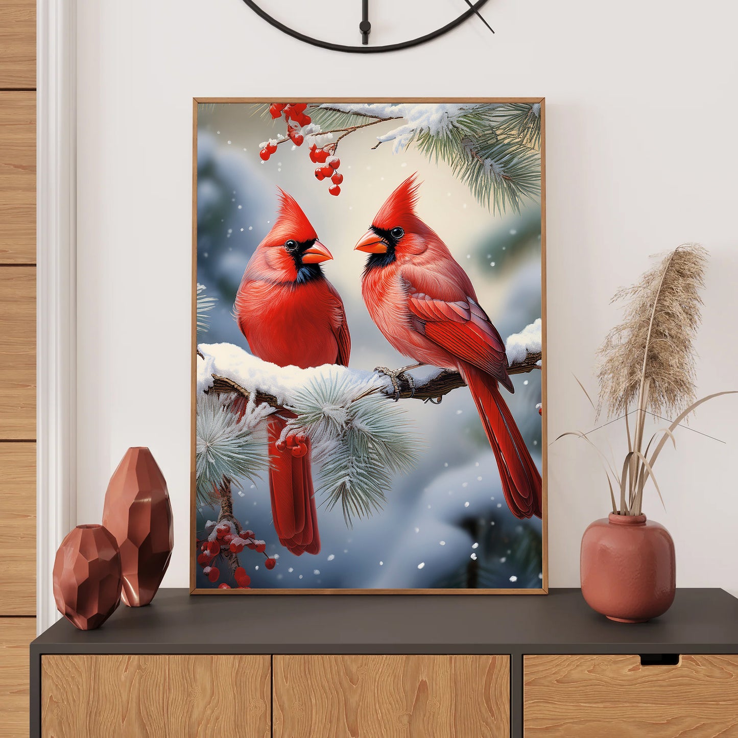 Cardinal Christmas Card – bright red cardinals perched on snowy evergreen branches in winter scene