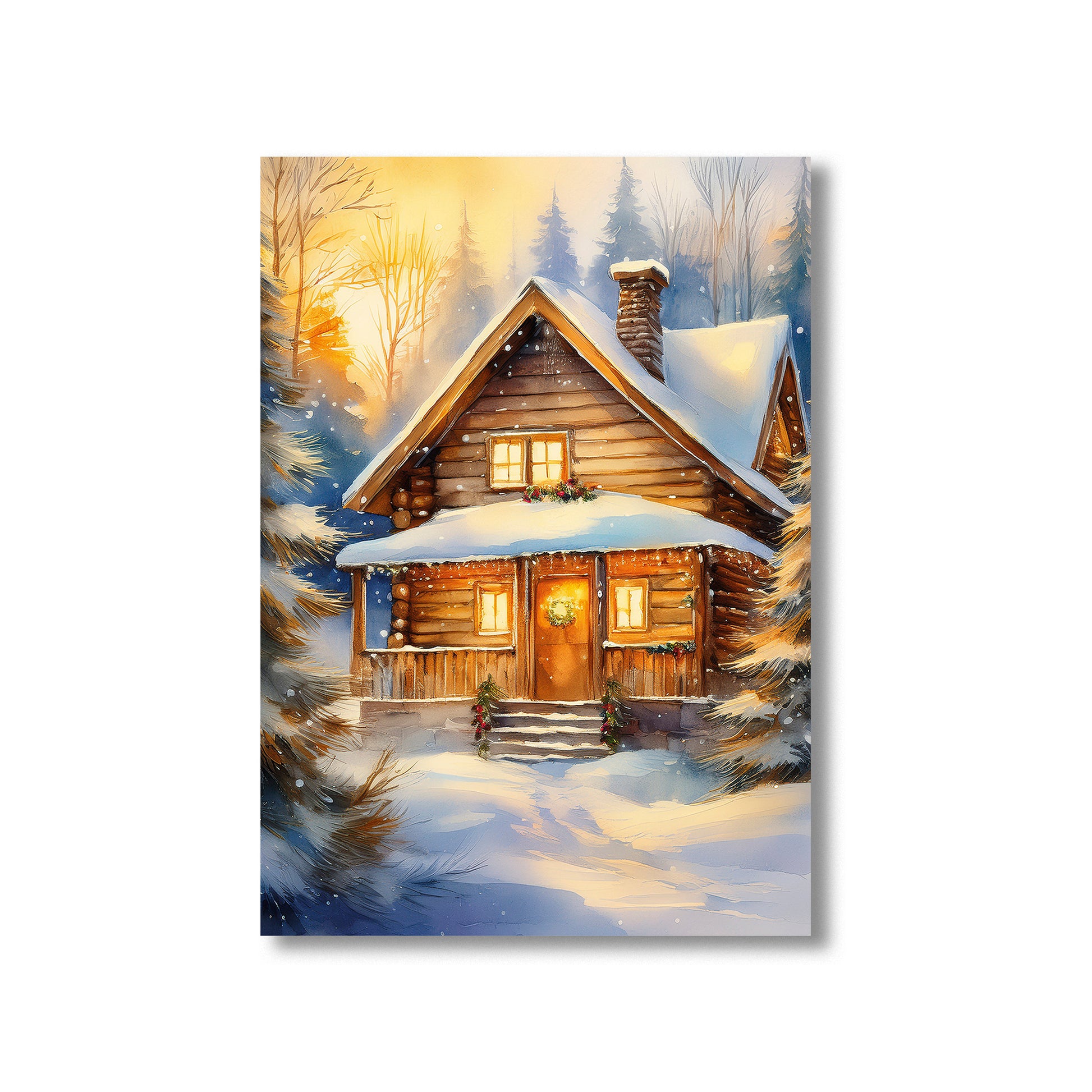 Watercolor cabin in snowy forest with warm lights, cozy Christmas wall art printable