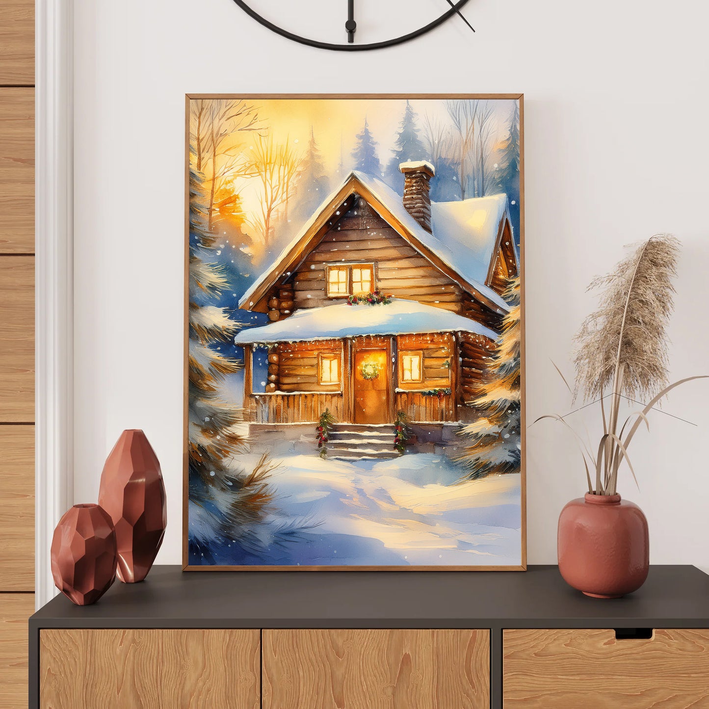 Watercolor cabin in snowy forest with warm lights, cozy Christmas wall art printable