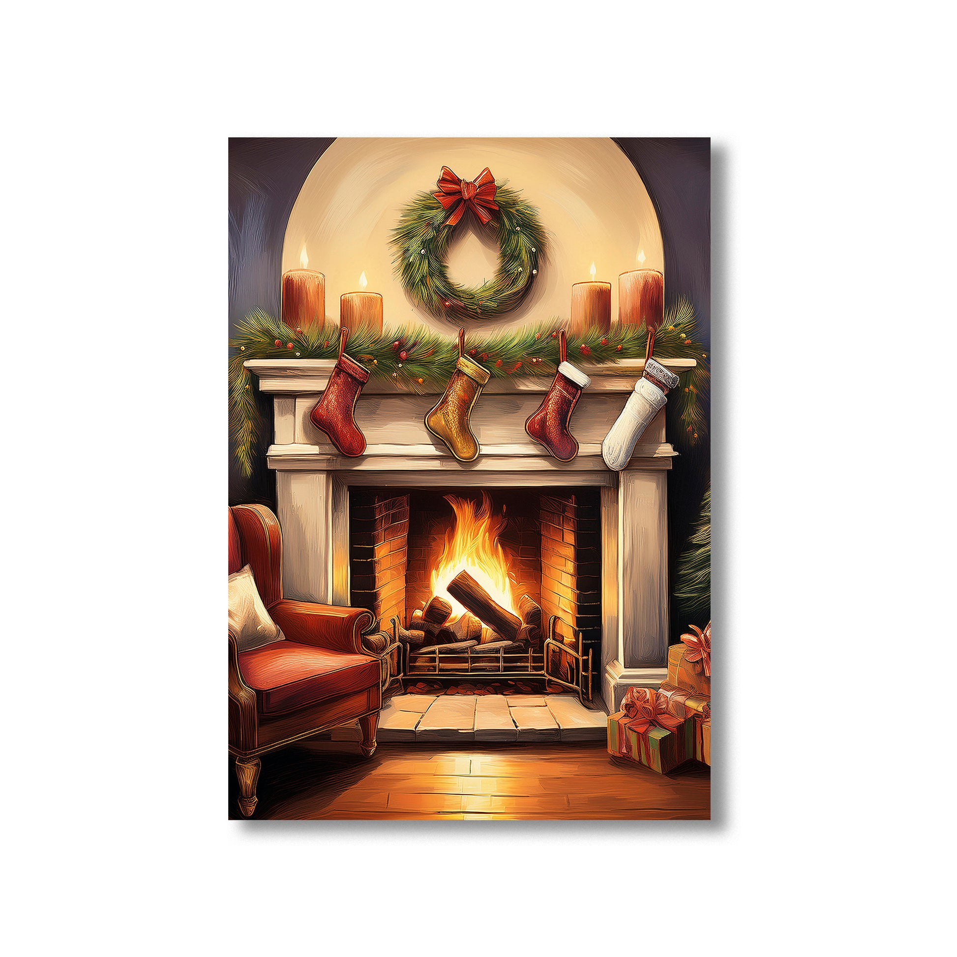 Oil painting of fireplace with stockings and garland, cozy Christmas wall art