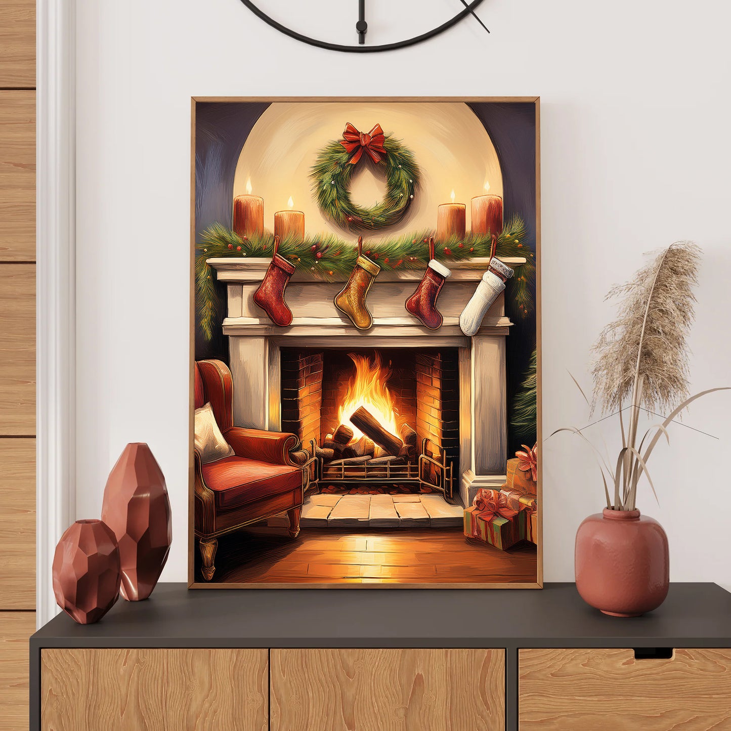 Oil painting of fireplace with stockings and garland, cozy Christmas wall art