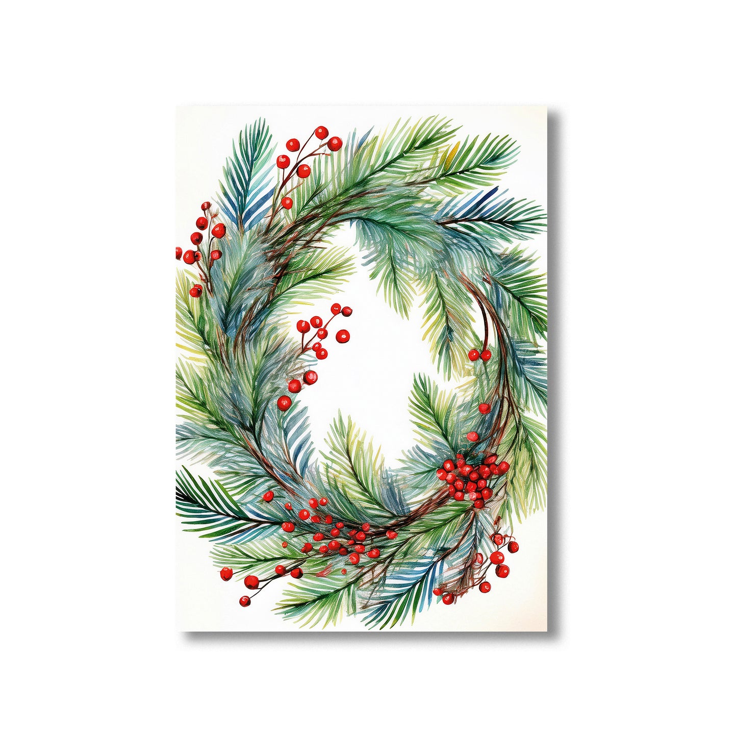 Watercolor Christmas wreath with red berries and pine, minimal holiday art