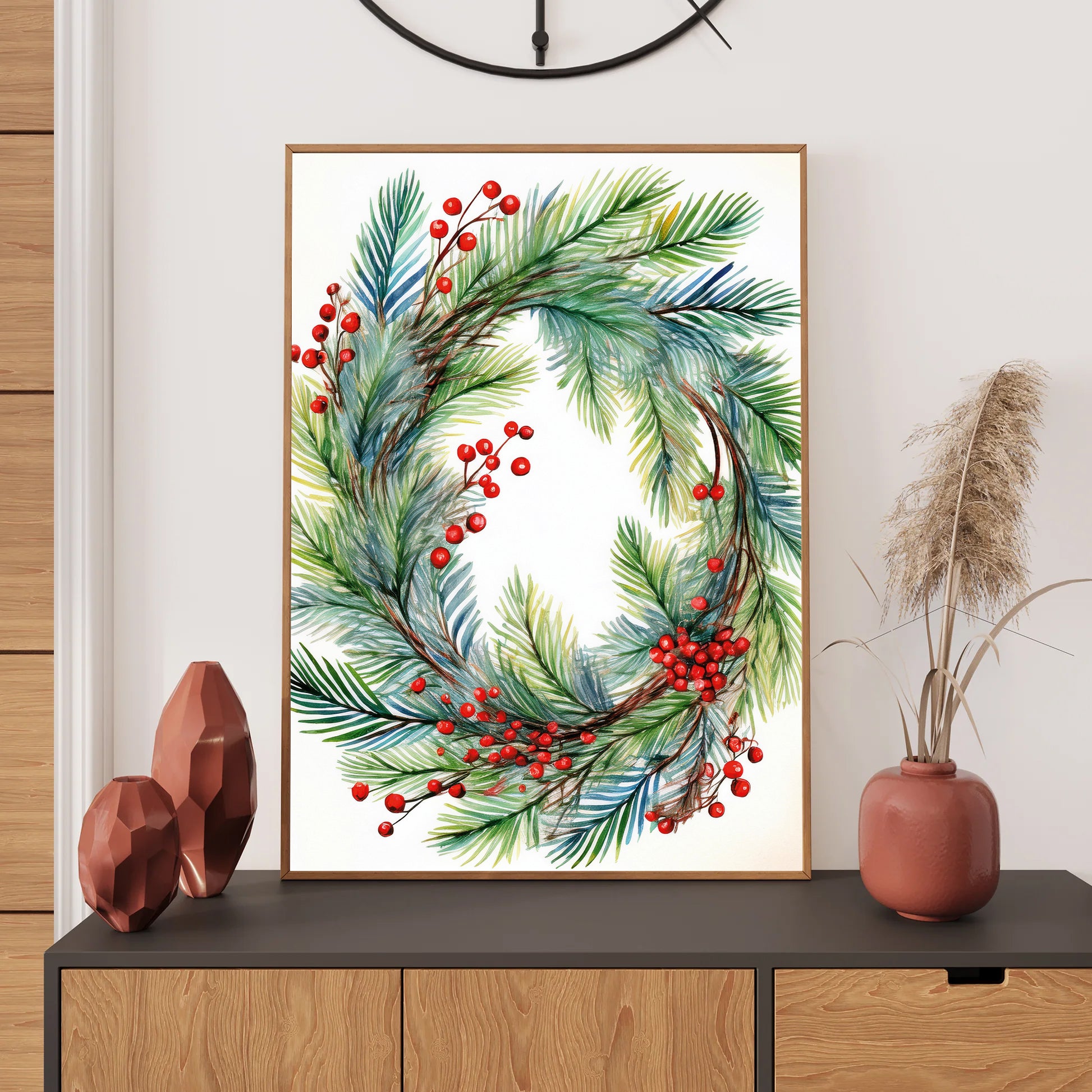 Watercolor Christmas wreath with red berries and pine, minimal holiday art