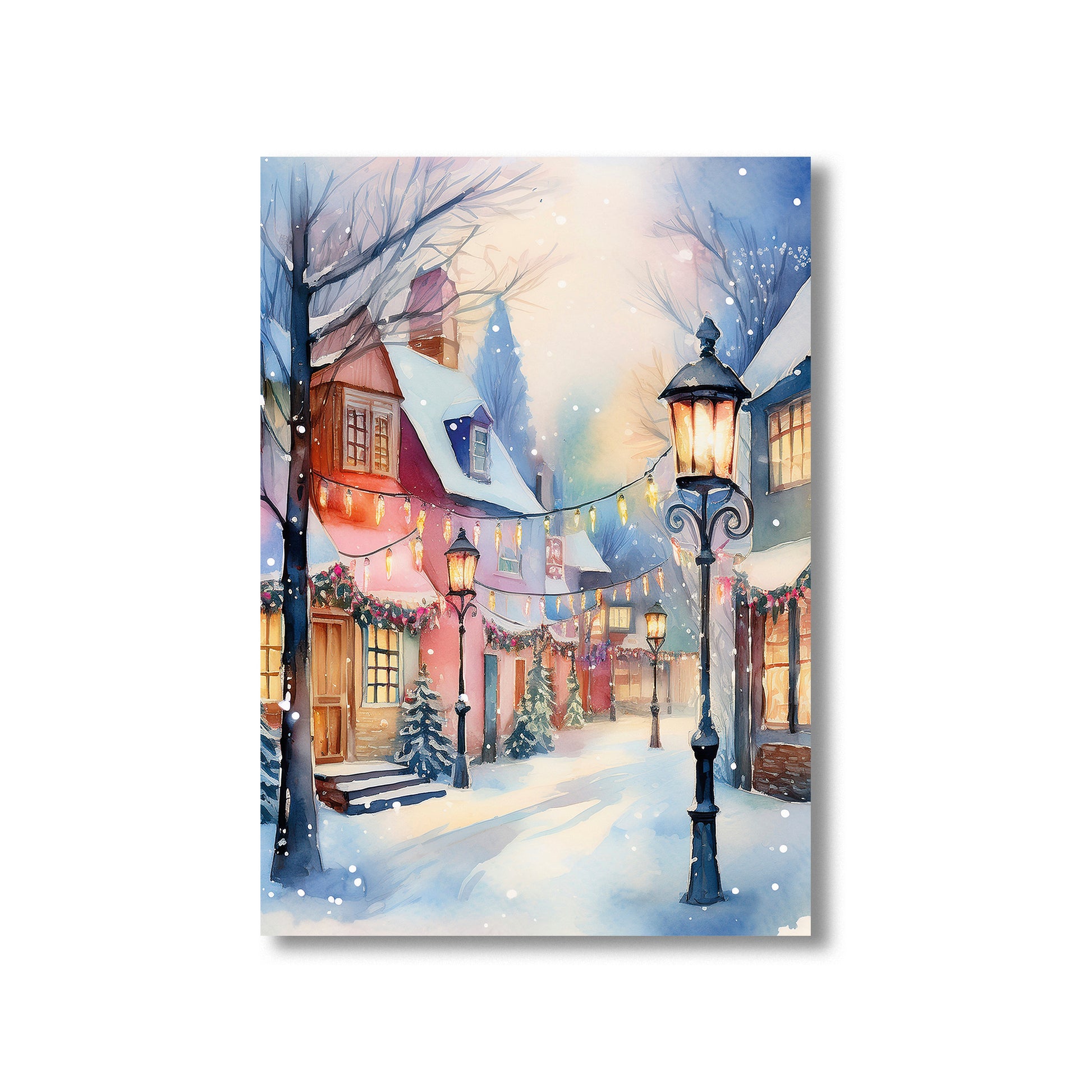 Watercolor snowy village at dusk with lights, cozy Christmas printable