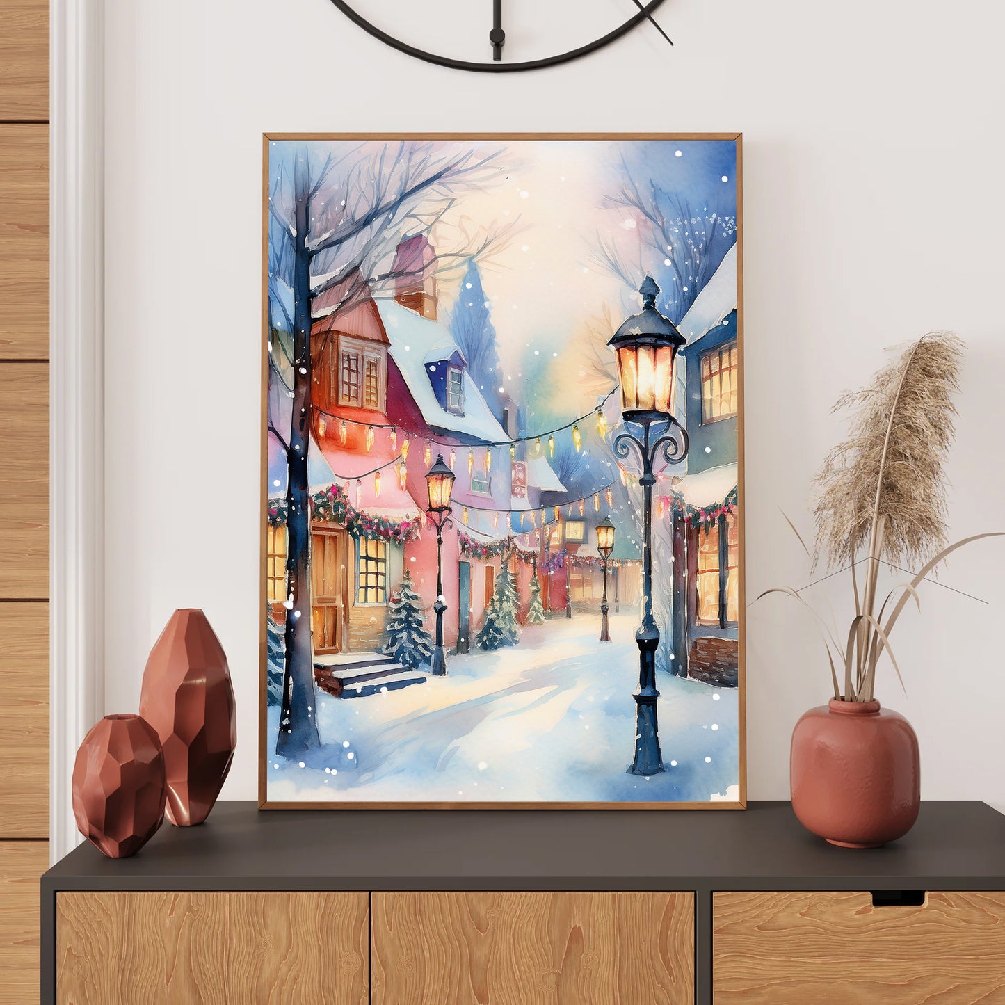 Watercolor snowy village at dusk with lights, cozy Christmas printable