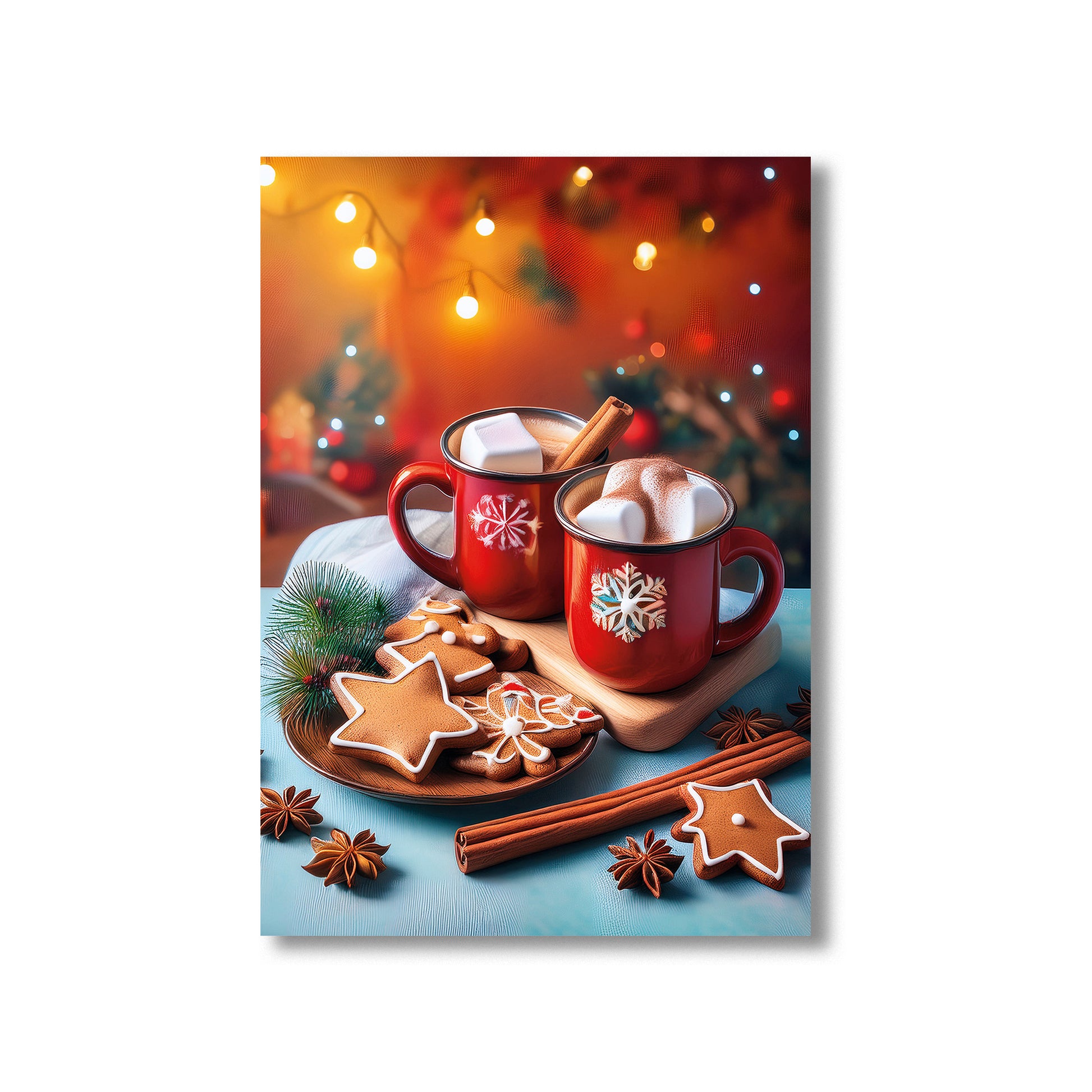 Watercolor gingerbread cookies and hot cocoa, cozy Christmas kitchen wall art
