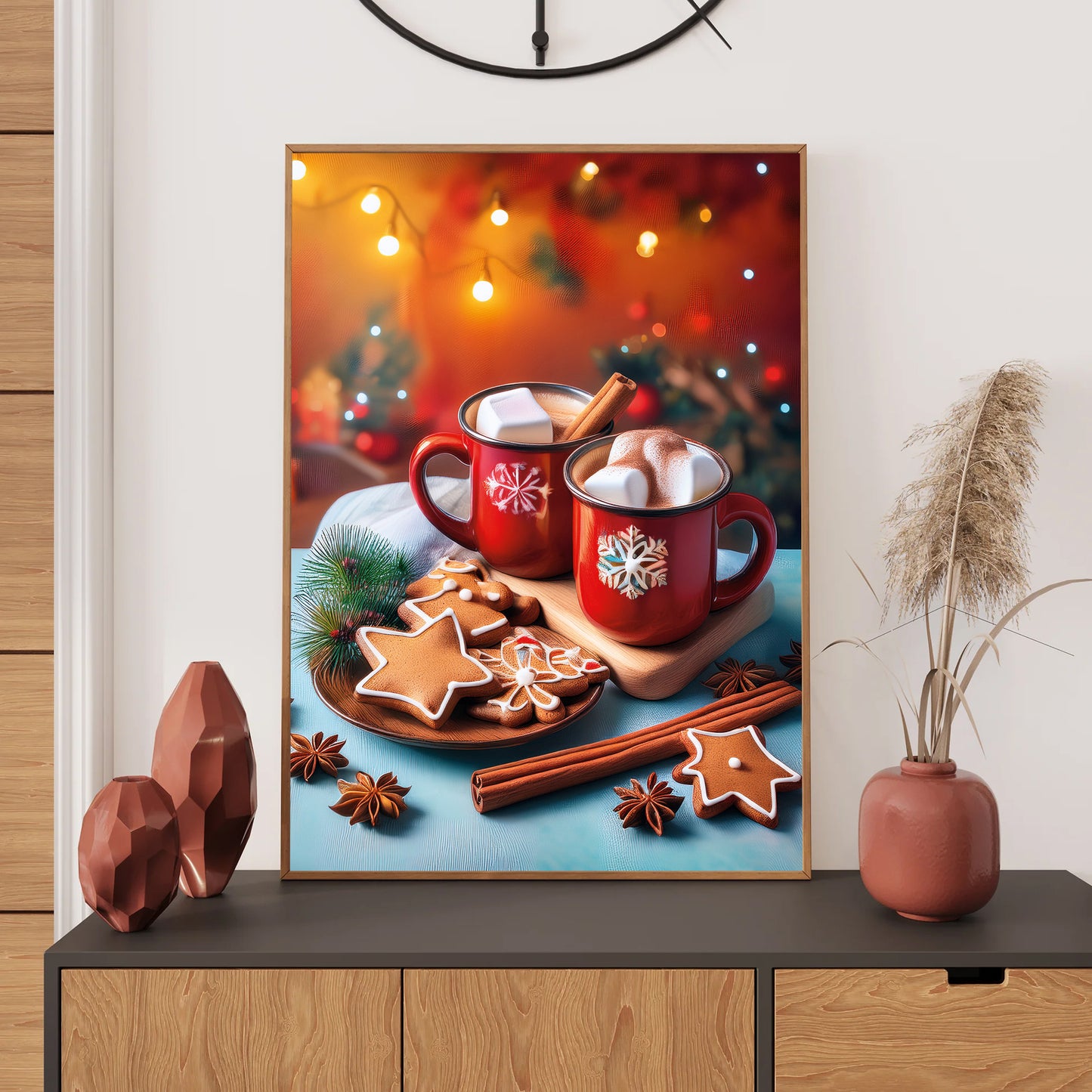 Watercolor gingerbread cookies and hot cocoa, cozy Christmas kitchen wall art