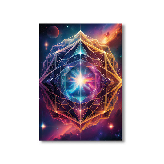 Futuristic geometric design with a central light source on a white background