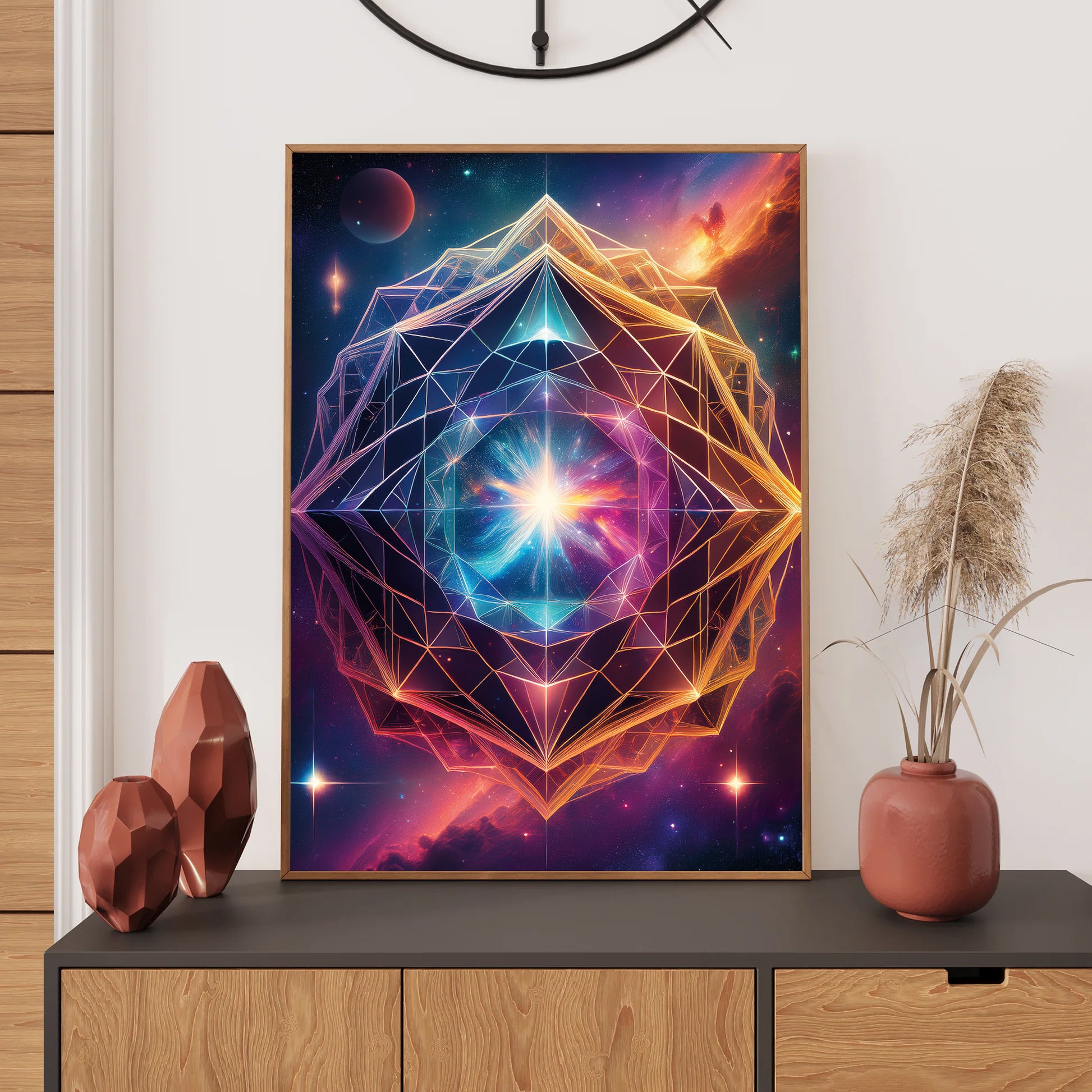 Framed abstract art piece on a wall above a wooden cabinet with decorative items.