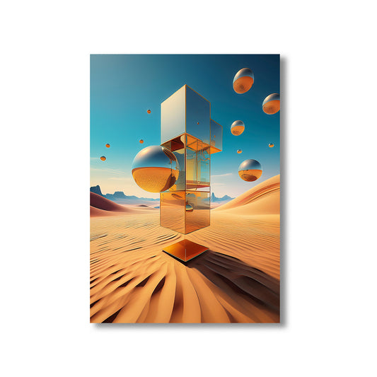 Futuristic desert scene with a reflective cube and spherical objects against a blue sky.