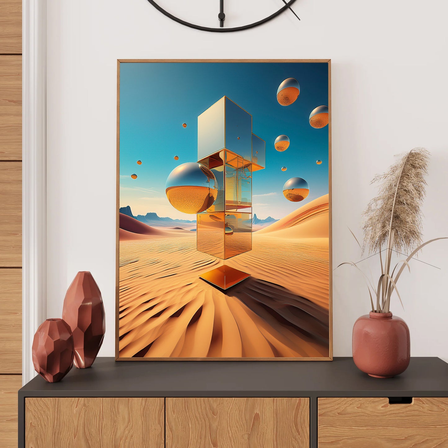 Framed abstract artwork of a desert scene with geometric shapes on a wall above a wooden cabinet.