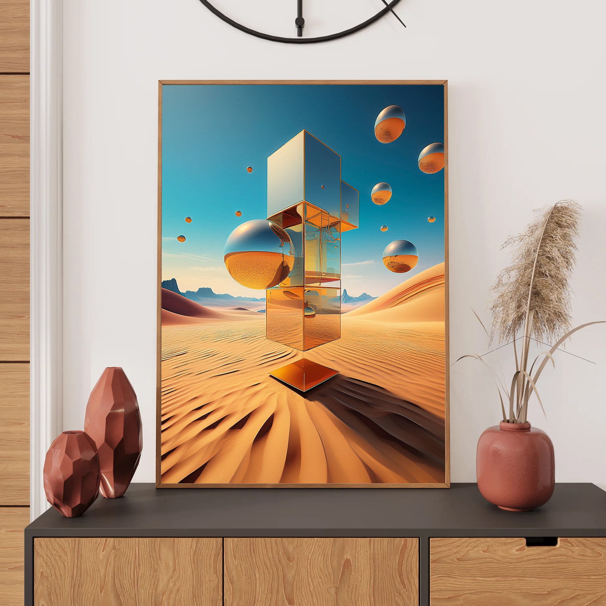 Framed abstract artwork of a desert scene with geometric shapes on a wall above a wooden cabinet.