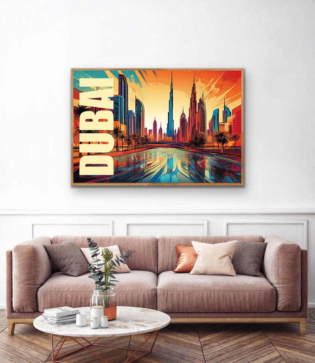Striking digital graffiti-style wall art print of Dubai showcasing futuristic skyscrapers, Burj Khalifa, and vibrant desert cityscape with bold urban street art flair — perfect for instant digital download, Dubai-themed decor, modern travel prints, and Middle Eastern wall art.