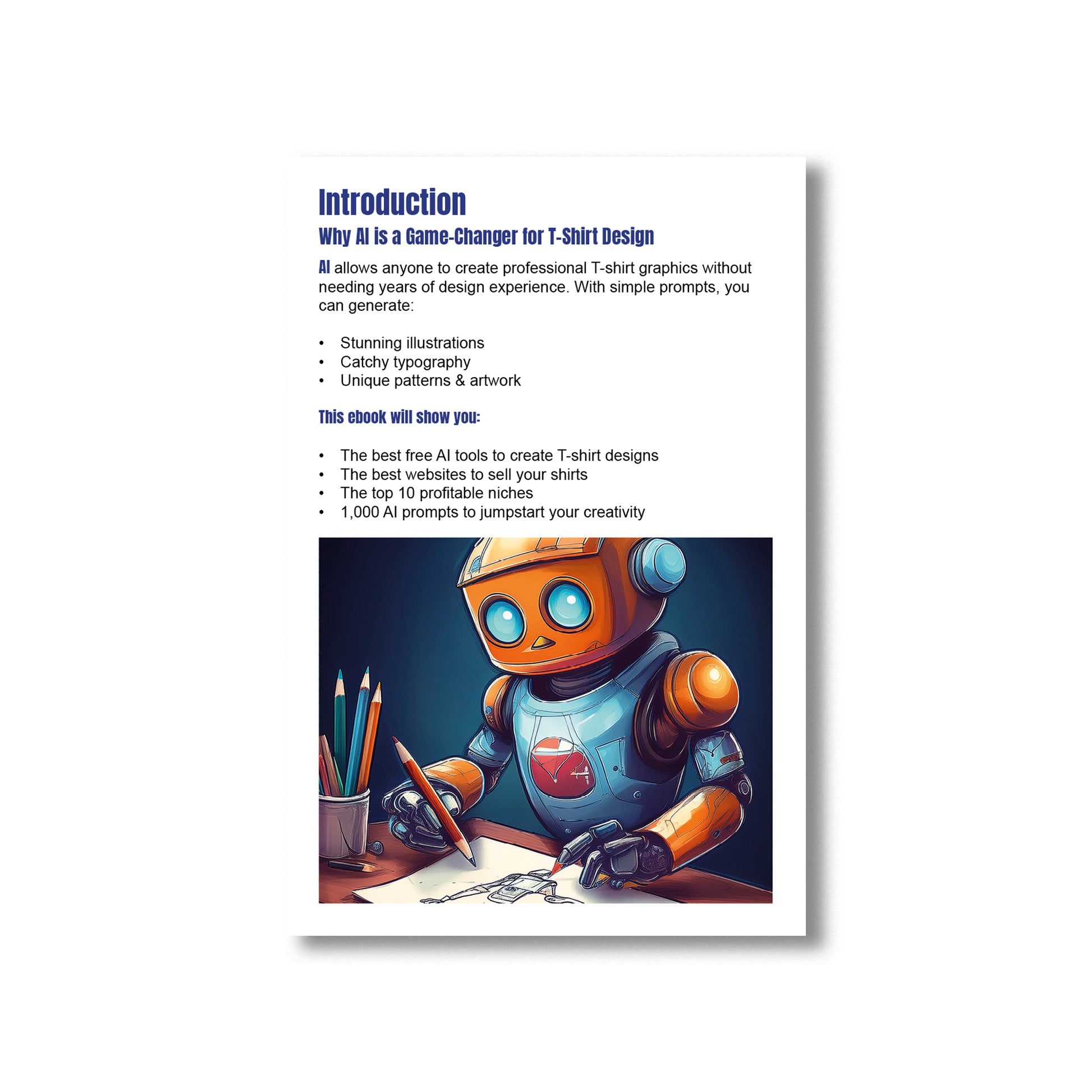 AI-generated T-shirt designs ebook with 1,000 prompts for beginners and POD guide