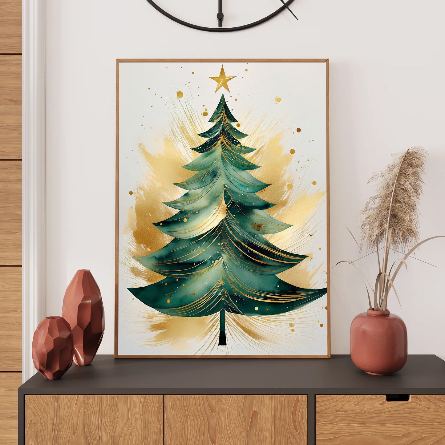 Abstract gold watercolor Christmas tree, modern minimalist holiday art