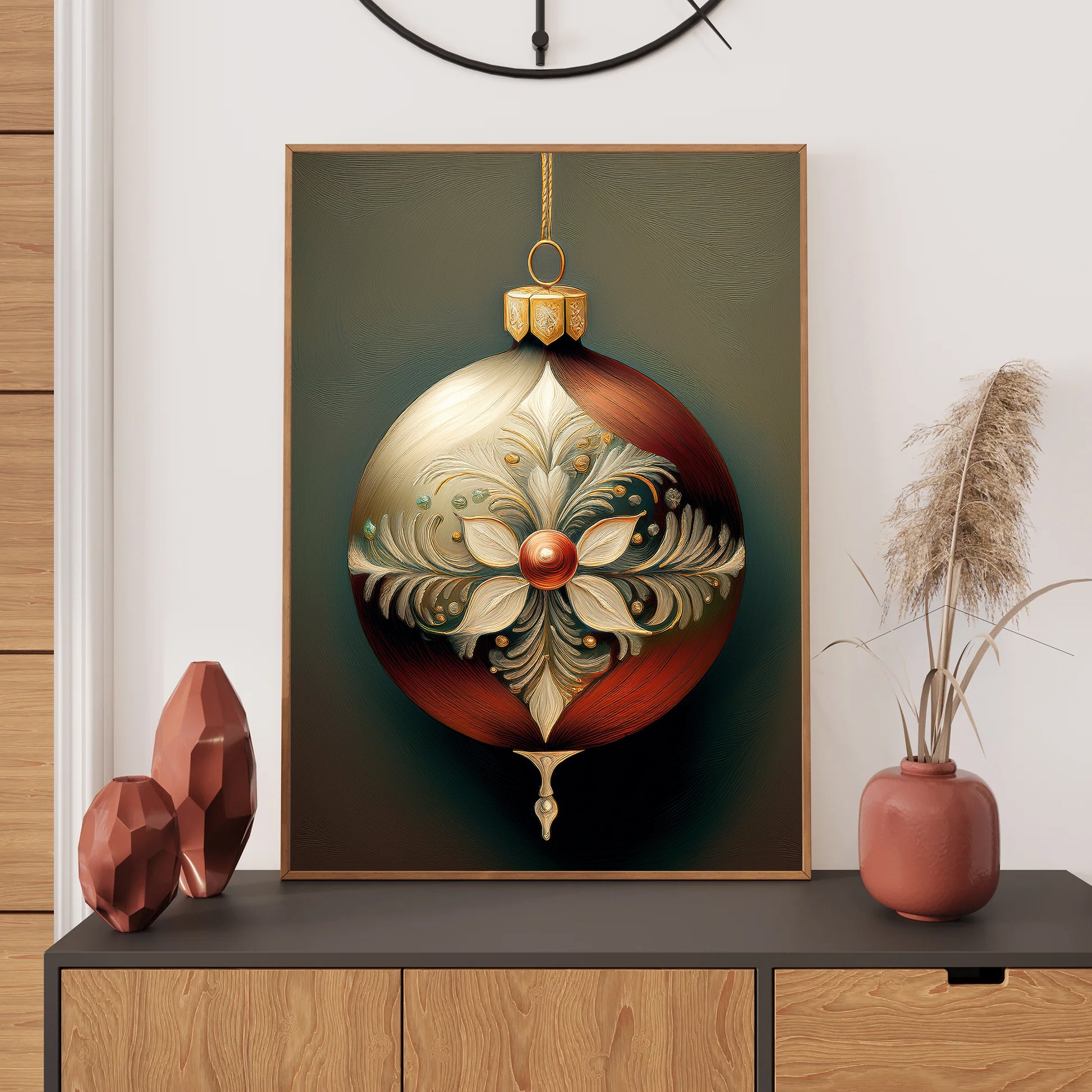 Oil painting of single Christmas ornament glowing softly