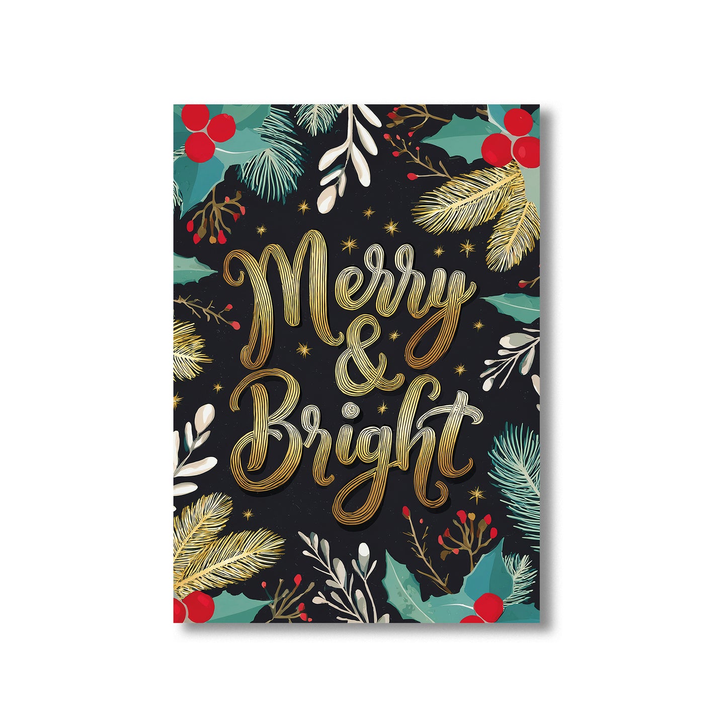 Merry & Bright gold lettering with watercolor holly, modern holiday poster