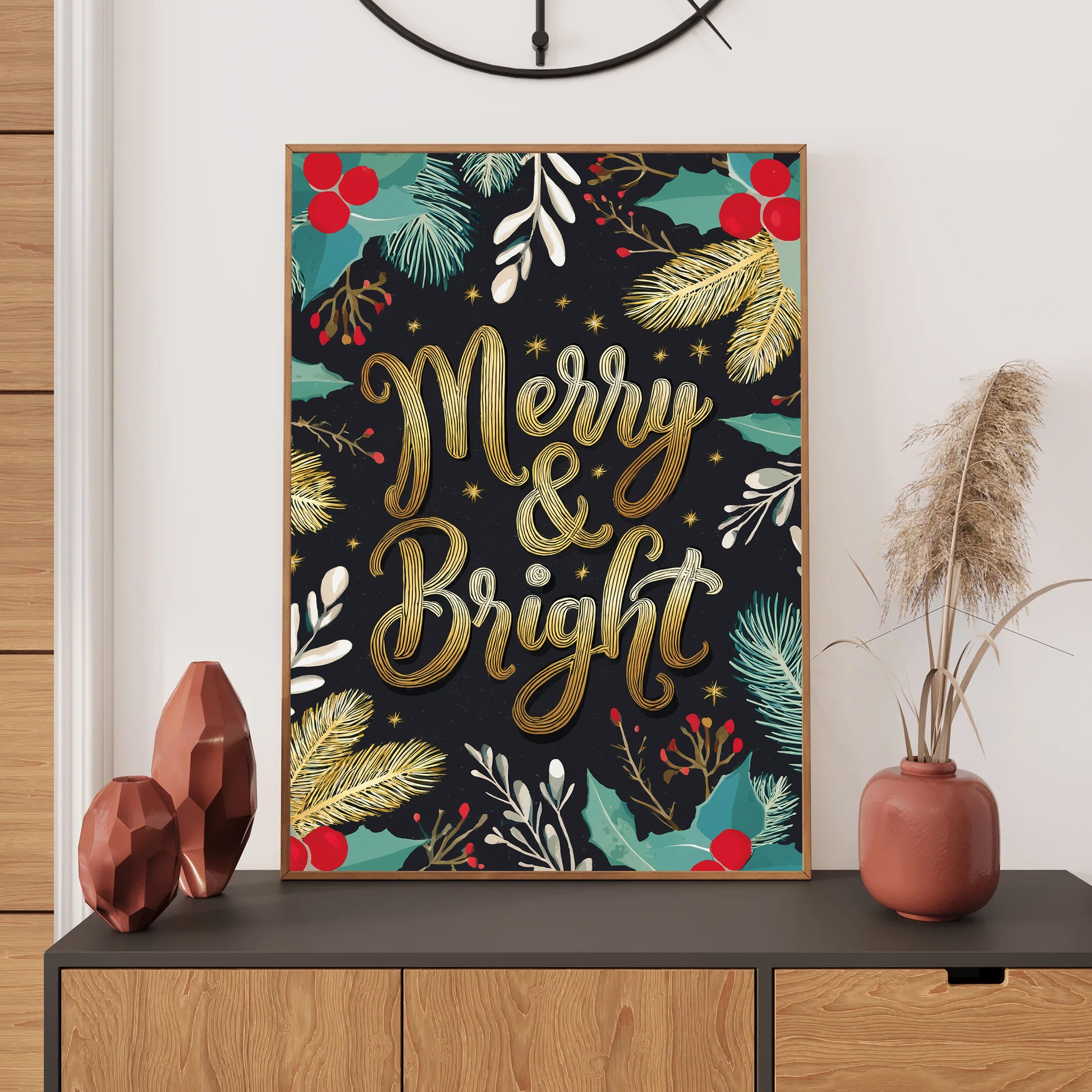 Merry & Bright gold lettering with watercolor holly, modern holiday poster