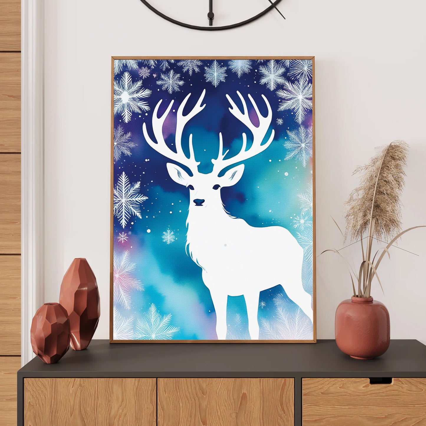 White reindeer silhouette over soft watercolor background
