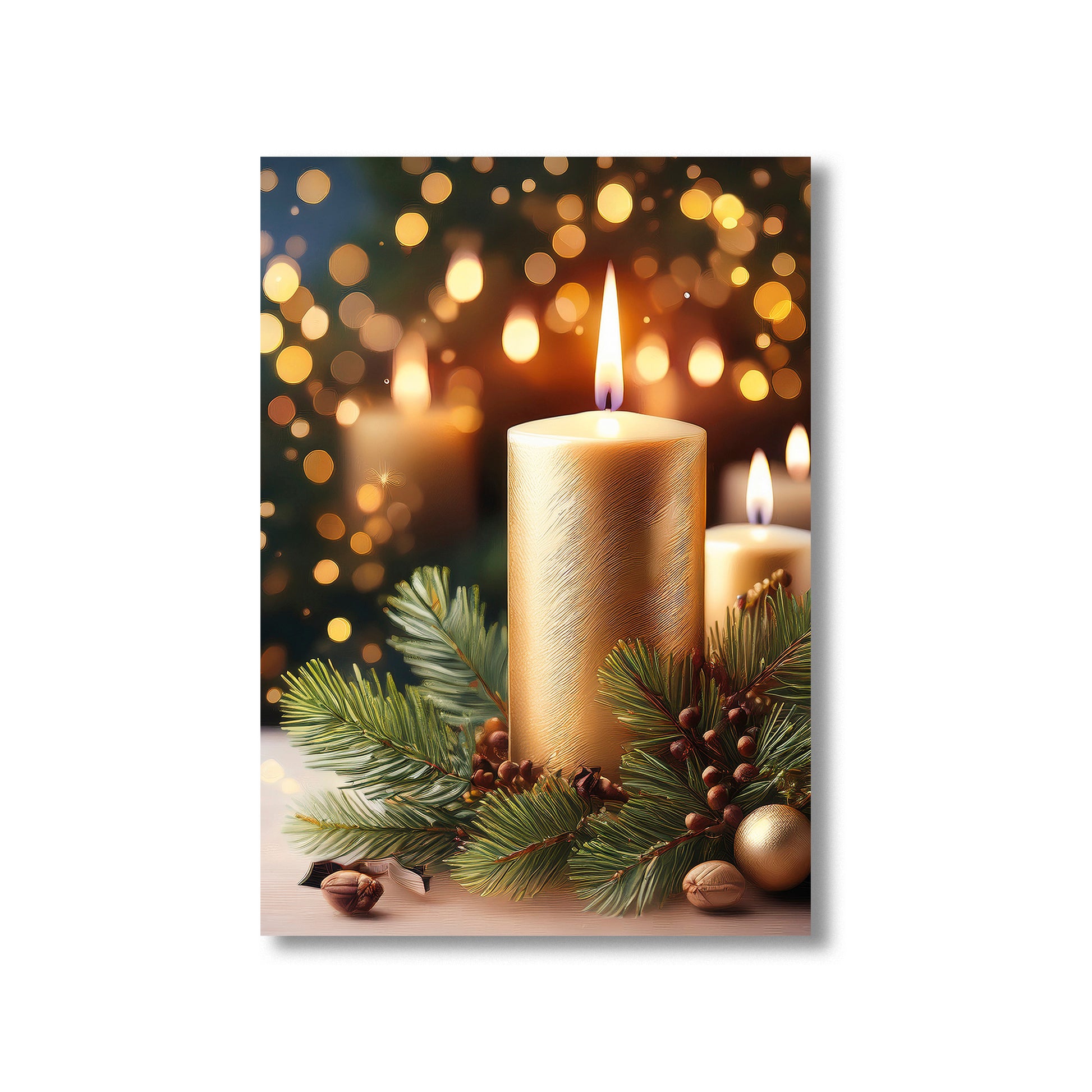 Oil painting of glowing candles with pine branches