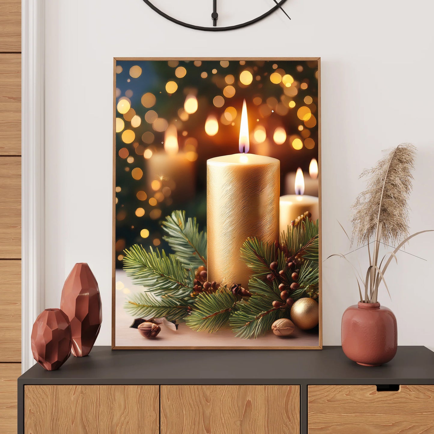 Oil painting of glowing candles with pine branches