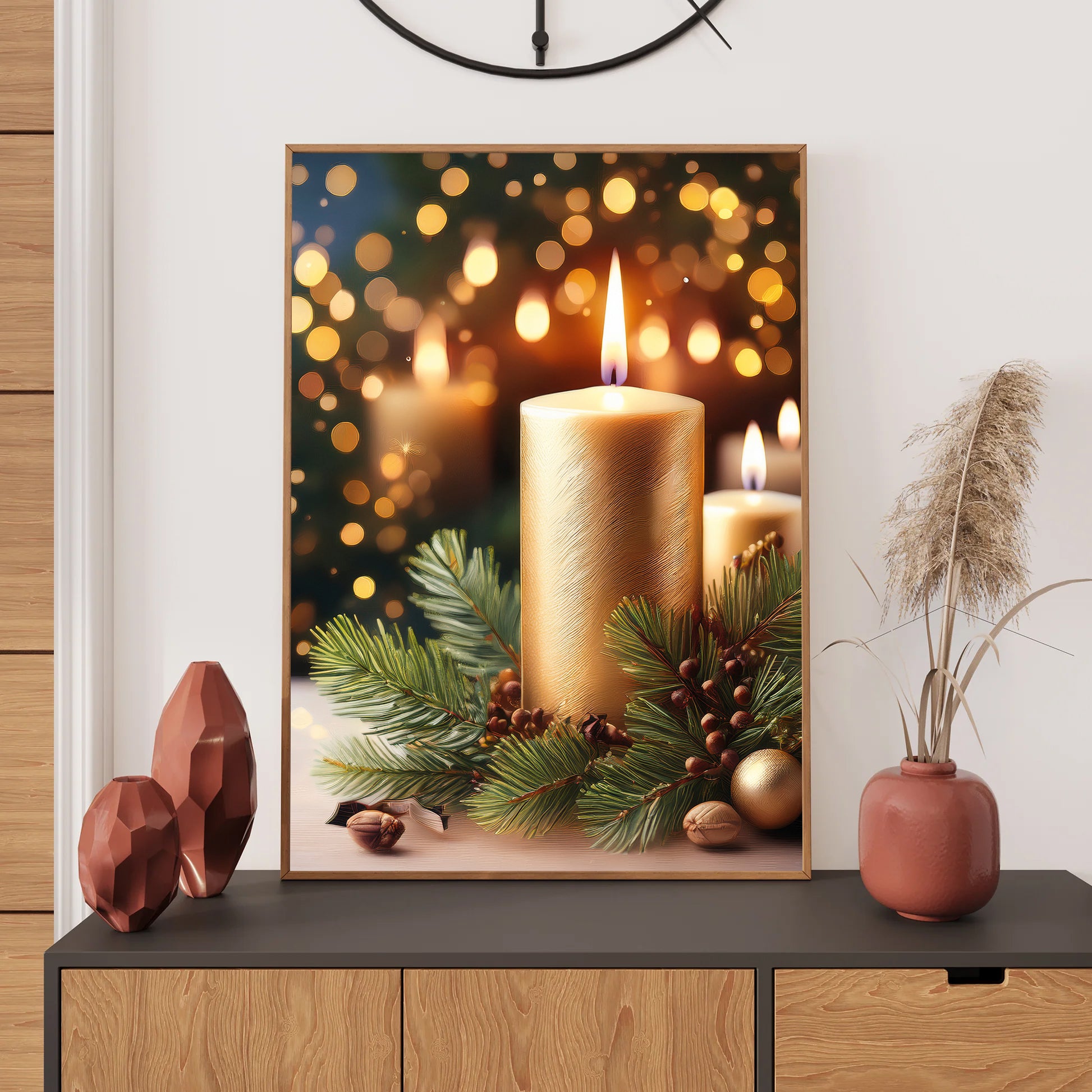 Oil painting of glowing candles with pine branches