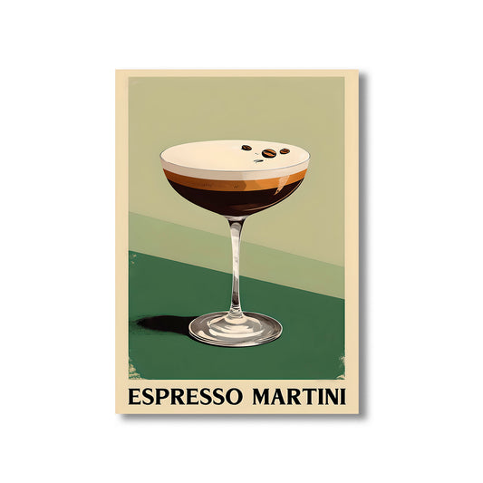 Espresso martini wall art print featuring a rich coffee cocktail with foamy top and coffee bean garnish, perfect for kitchen and bar decor digital download