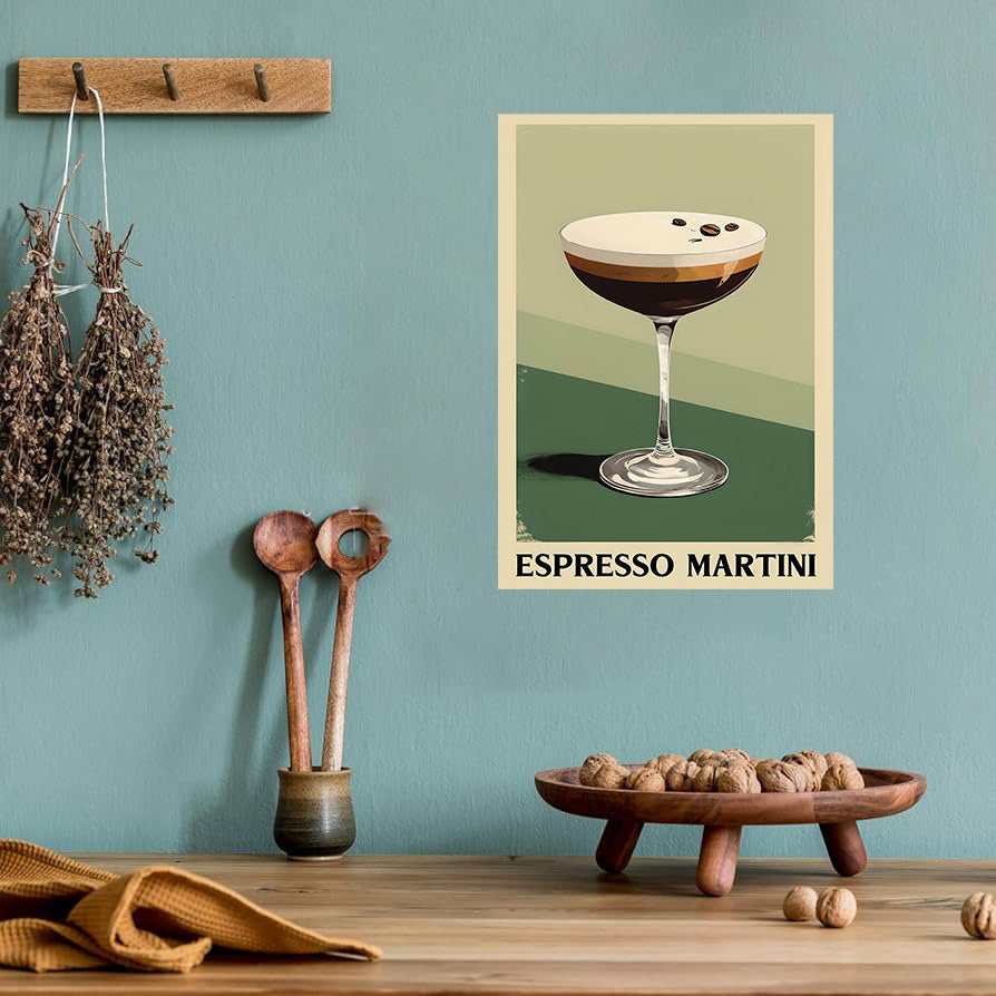 Espresso martini wall art print featuring a rich coffee cocktail with foamy top and coffee bean garnish, perfect for kitchen and bar decor digital download