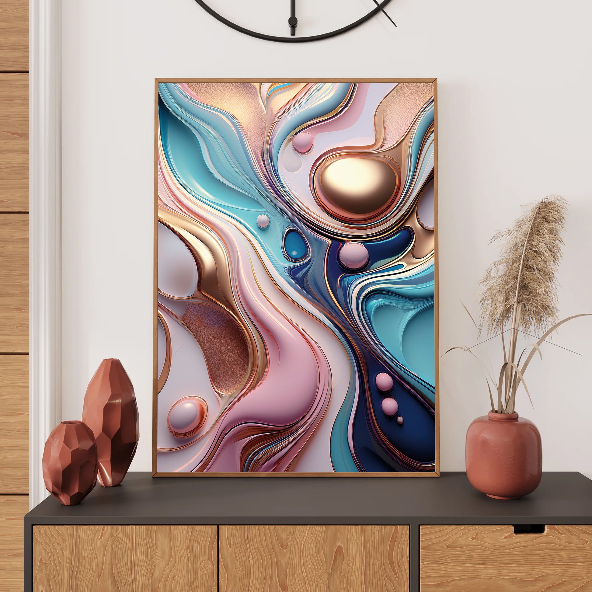 Abstract art piece on a wall with decorative elements below